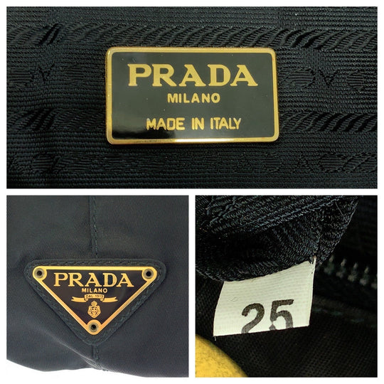 PRADA Tote Bag Nylon Black Gold Metal Tote Bag Shoulder Bag Test Triangle With logo Circle logo Women Used Authentic