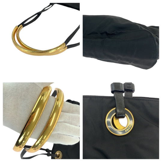 PRADA Tote Bag Nylon Black Gold Metal Tote Bag Shoulder Bag Test Triangle With logo Circle logo Women Used Authentic