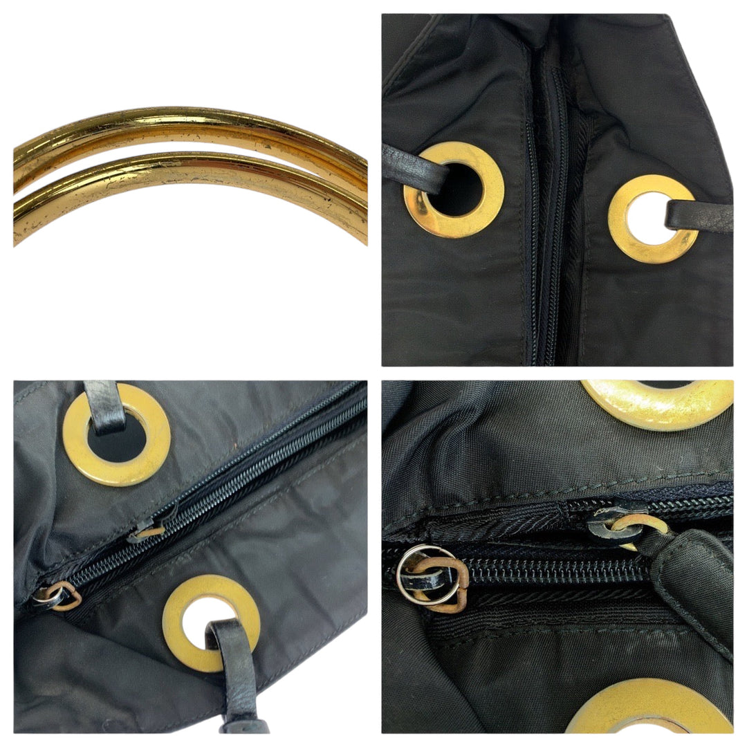PRADA Tote Bag Nylon Black Gold Metal Tote Bag Shoulder Bag Test Triangle With logo Circle logo Women Used Authentic