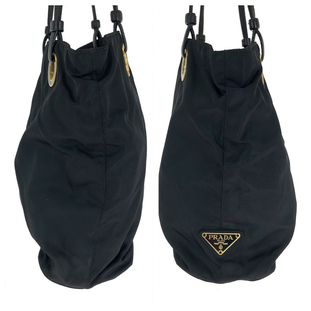PRADA Tote Bag Nylon Black Gold Metal Tote Bag Shoulder Bag Test Triangle With logo Circle logo Women Used Authentic