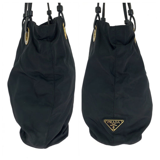PRADA Tote Bag Nylon Black Gold Metal Tote Bag Shoulder Bag Test Triangle With logo Circle logo Women Used Authentic