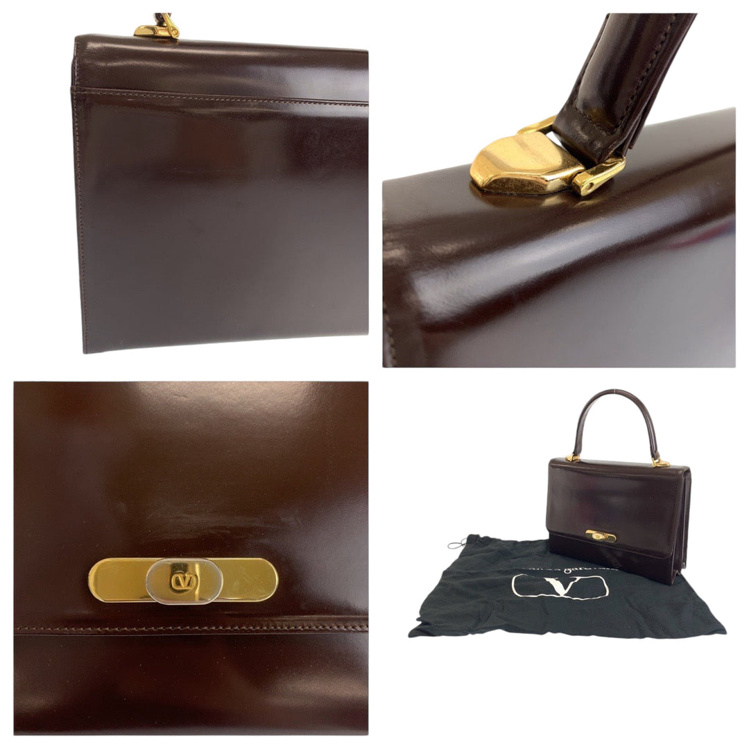 Valentino Garavani Handbag leather Brown Gold Metal Handbag Women Used Authentic