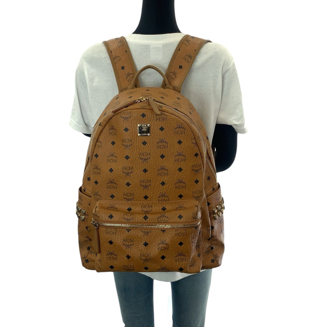 MCM Backpack leather cognac Backpack Unisex Vicetos Side studs Women Used Authentic