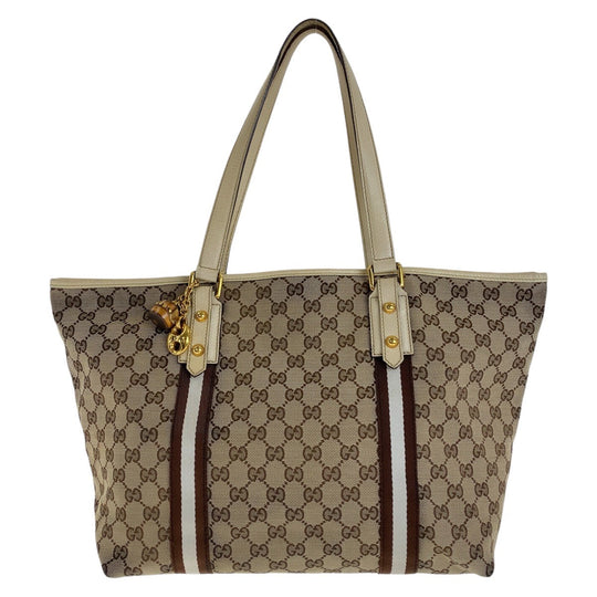 GUCCI Tote Bag GG canvas, leather Brown Gold Metal Tote Bag Shoulder Bag Shelly Line Bamboo Women Used Authentic