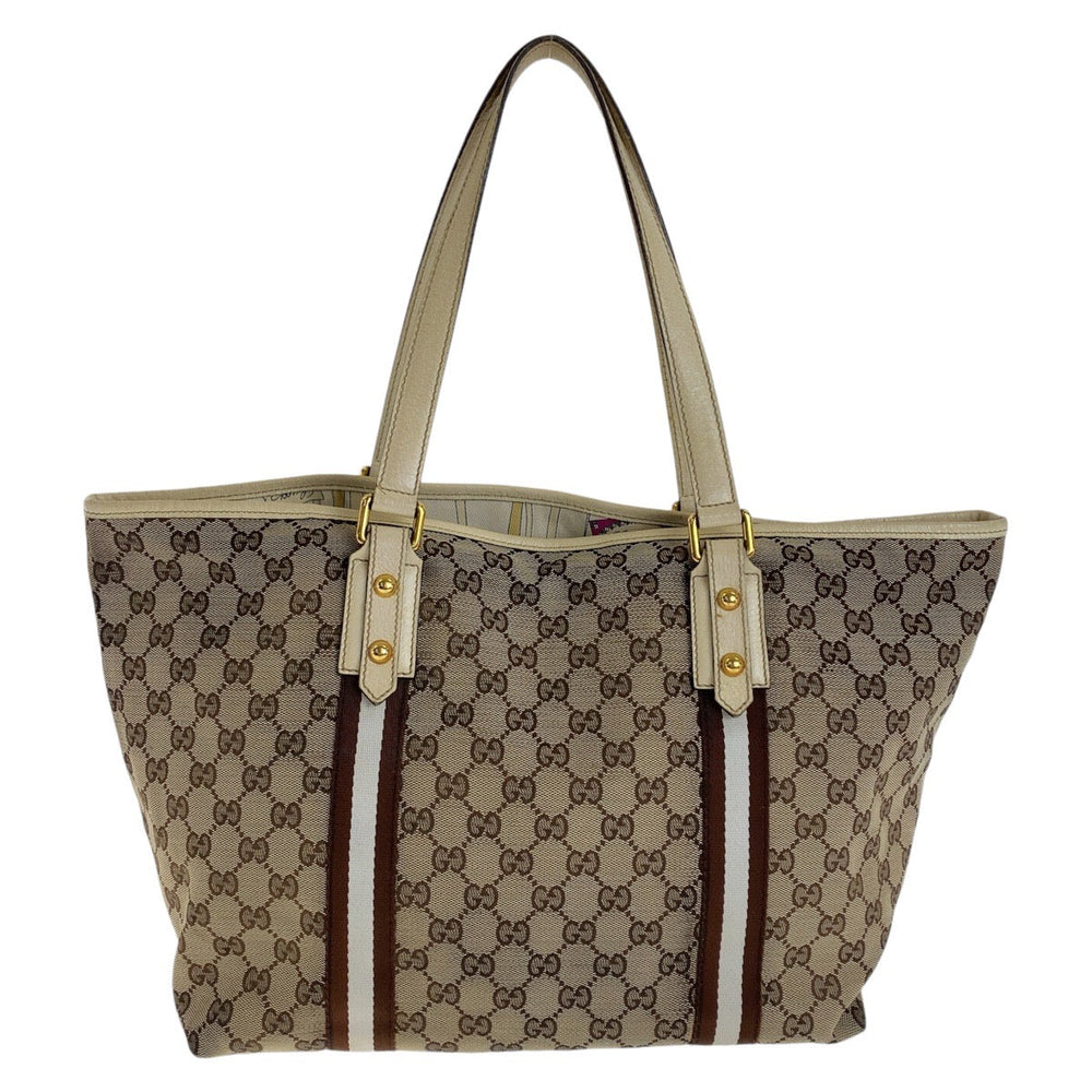 GUCCI Tote Bag GG canvas, leather Brown Gold Metal Tote Bag Shoulder Bag Shelly Line Bamboo Women Used Authentic