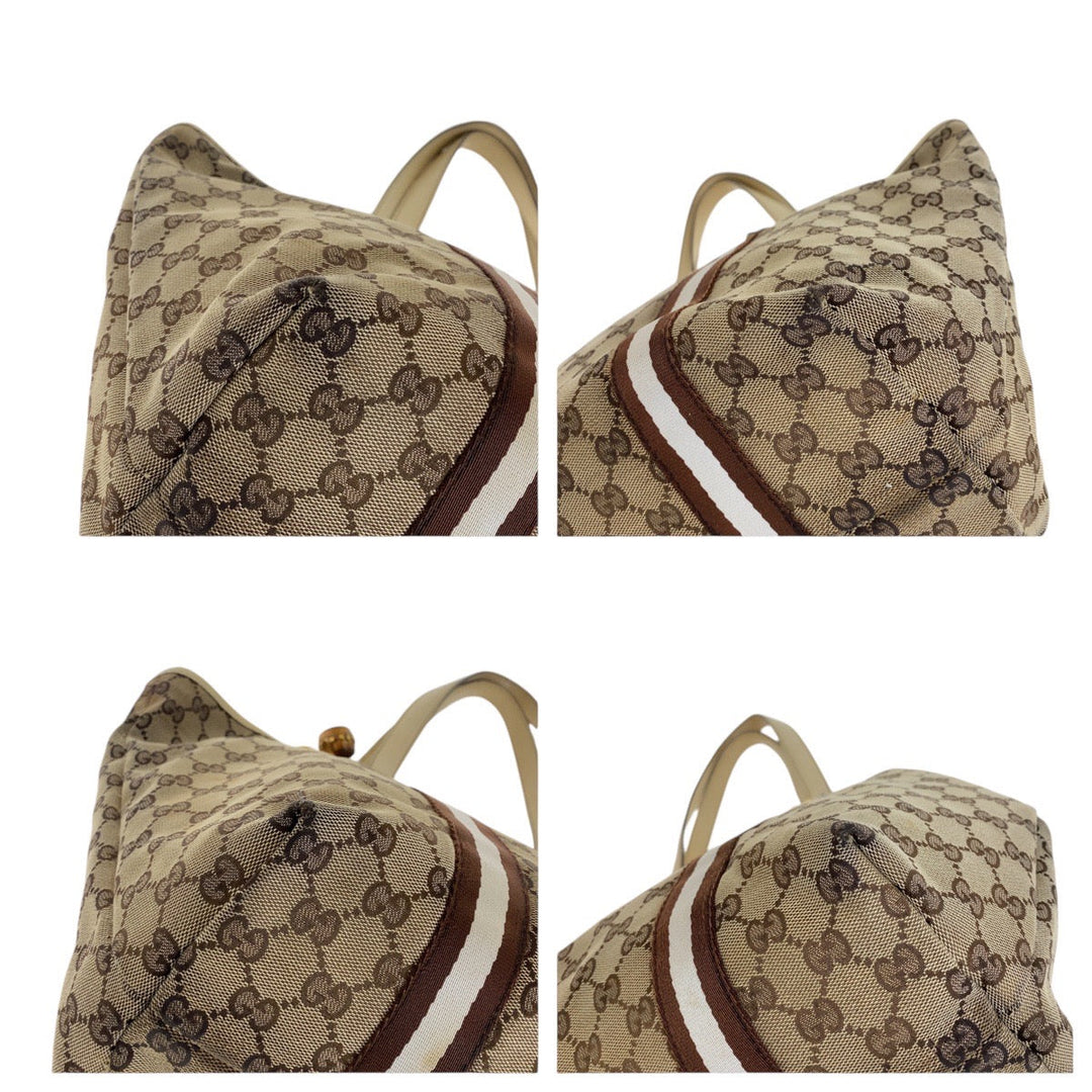 GUCCI Tote Bag GG canvas, leather Brown Gold Metal Tote Bag Shoulder Bag Shelly Line Bamboo Women Used Authentic