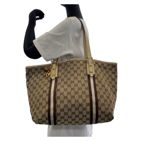 GUCCI Tote Bag GG canvas, leather Brown Gold Metal Tote Bag Shoulder Bag Shelly Line Bamboo Women Used Authentic