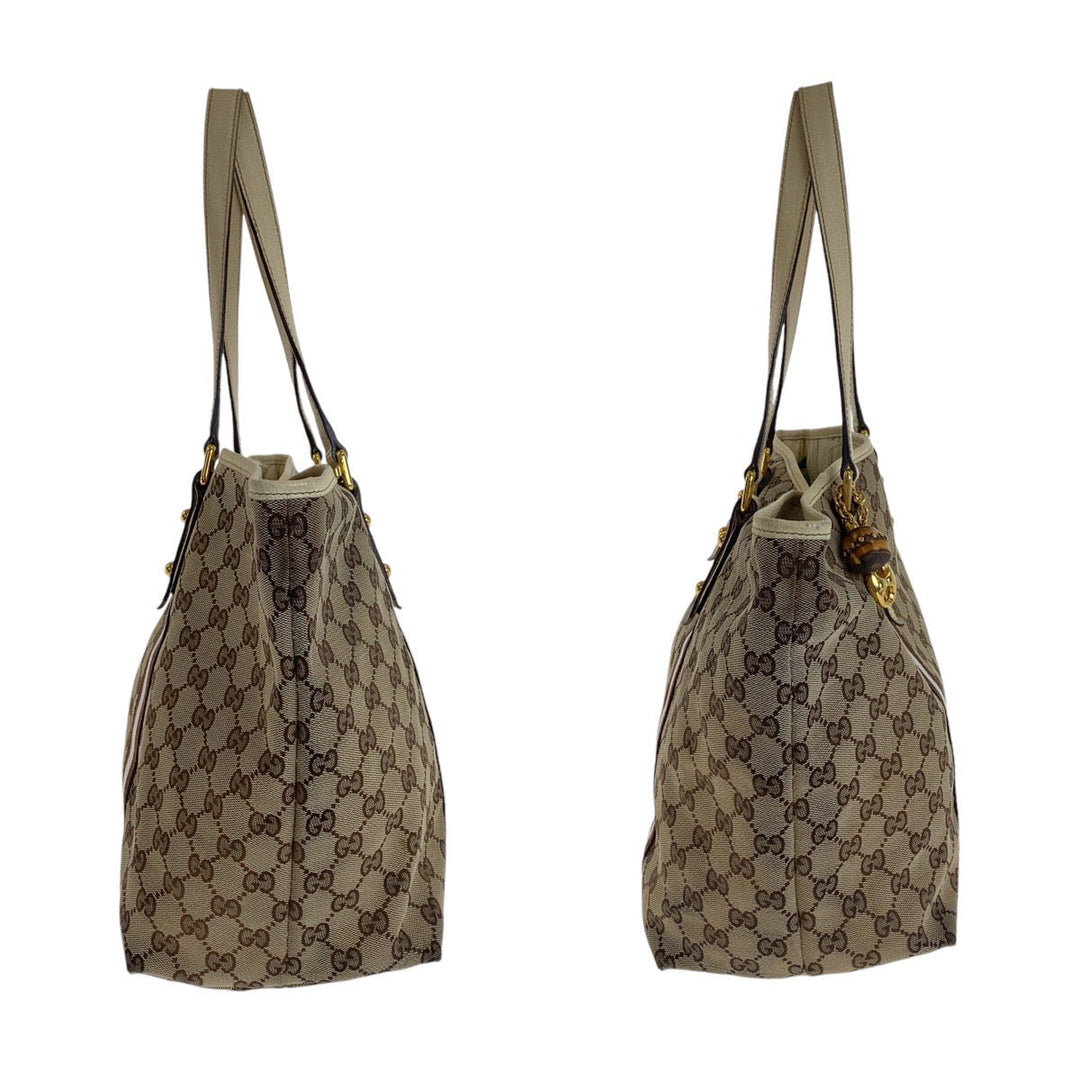 GUCCI Tote Bag GG canvas, leather Brown Gold Metal Tote Bag Shoulder Bag Shelly Line Bamboo Women Used Authentic
