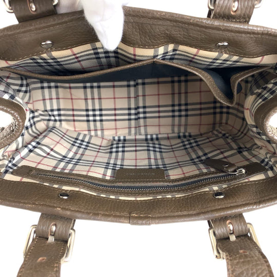 BURBERRY Handbag leather Brown Silver Metal Handbag Shoulder Bag Medium Check Pattern Women Used Authentic