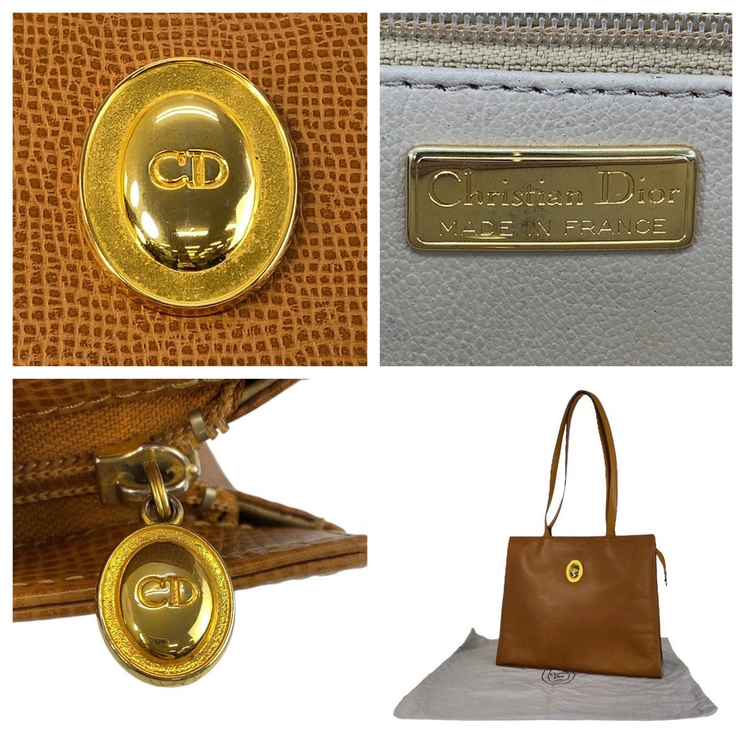 Christian Dior Tote Bag leather Brown Gold Metal Tote Bag Shoulder Bag Women Used Authentic