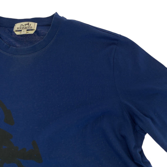 HERMES Short sleeve T-shirt cotton blue-black Short-sleeved T-shirt cut-and-sew Dragon mens L Used Authentic