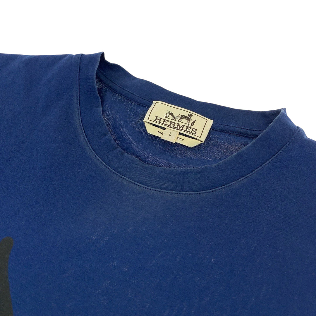 HERMES Short sleeve T-shirt cotton blue-black Short-sleeved T-shirt cut-and-sew Dragon mens L Used Authentic