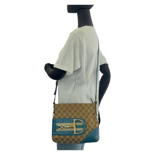 GUCCI Shoulder Bag GG canvas, leather Light Blue Beige Gold Metal Shoulder Bag pochette Sherry line horsebit Women Used Authentic