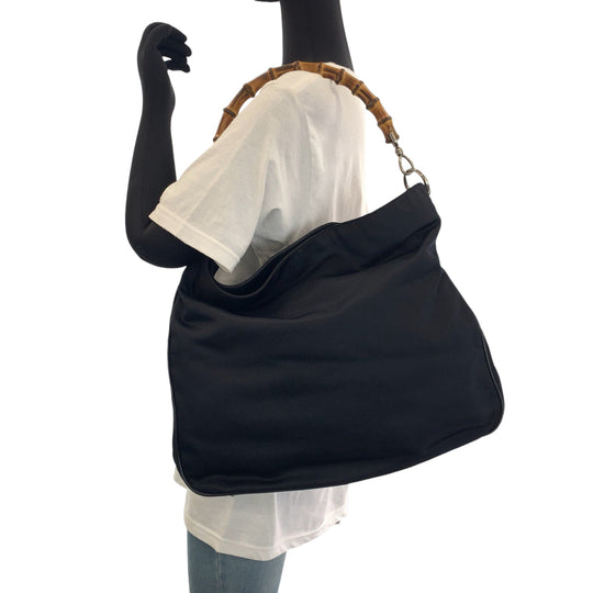 GUCCI Shoulder Bag 001 1705 1577 canvas Dark navy brown Shoulder Bag Handbag 2way Bamboo Women Used Authentic