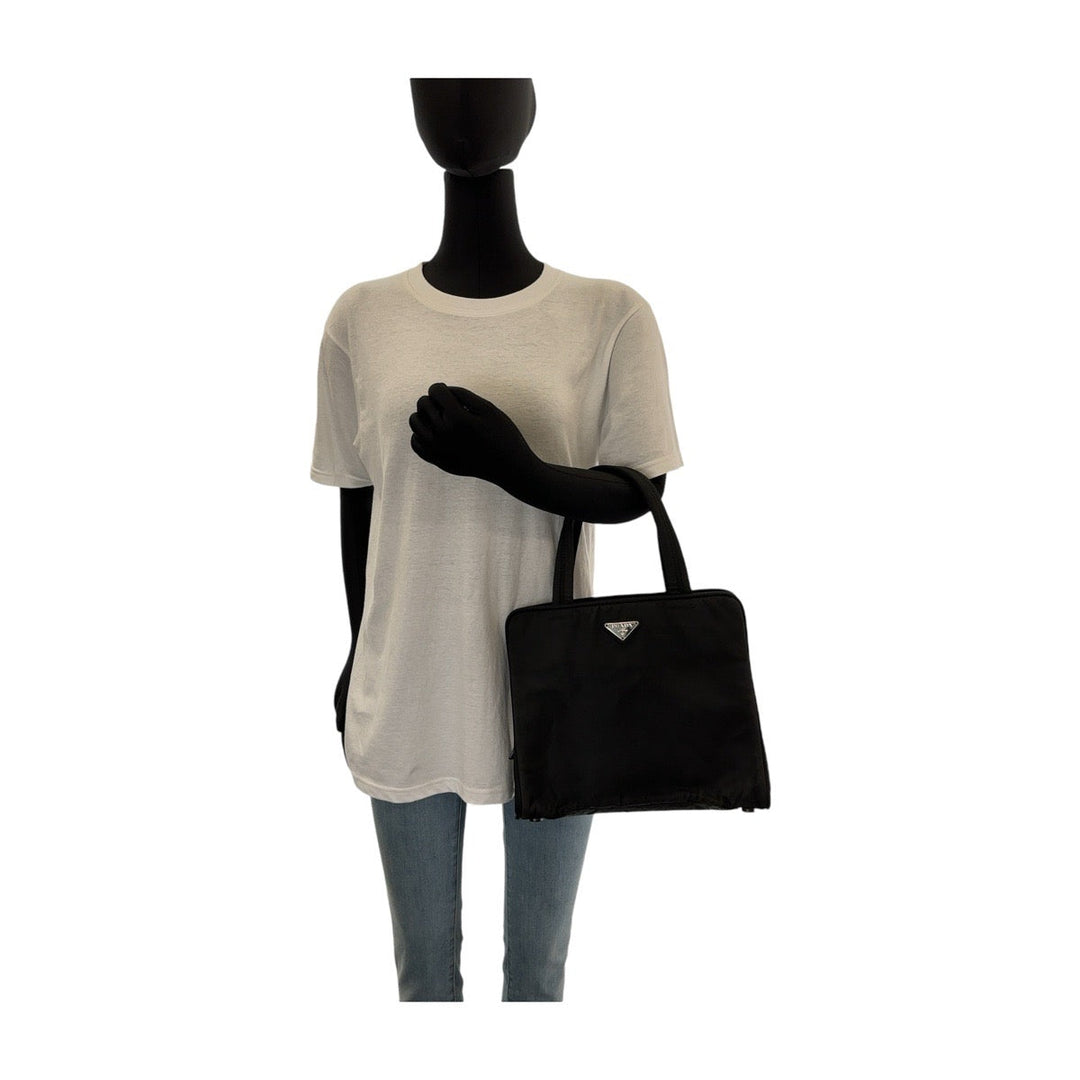 PRADA Tote Bag Nylon Black SilverMetal Tote Bag handbag Triangle With logo Women Used Authentic
