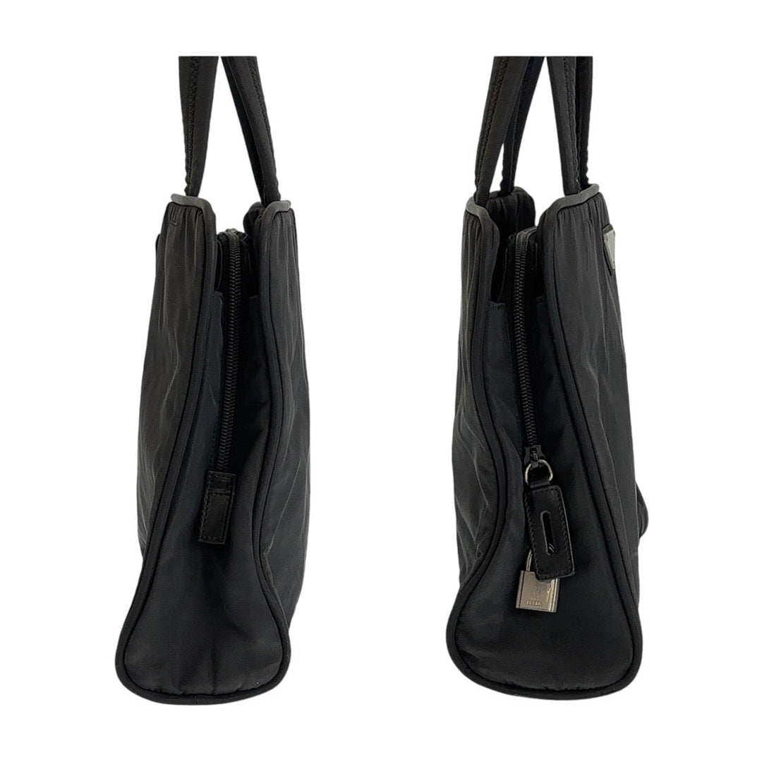 PRADA Tote Bag Nylon Black SilverMetal Tote Bag handbag Triangle With logo Women Used Authentic