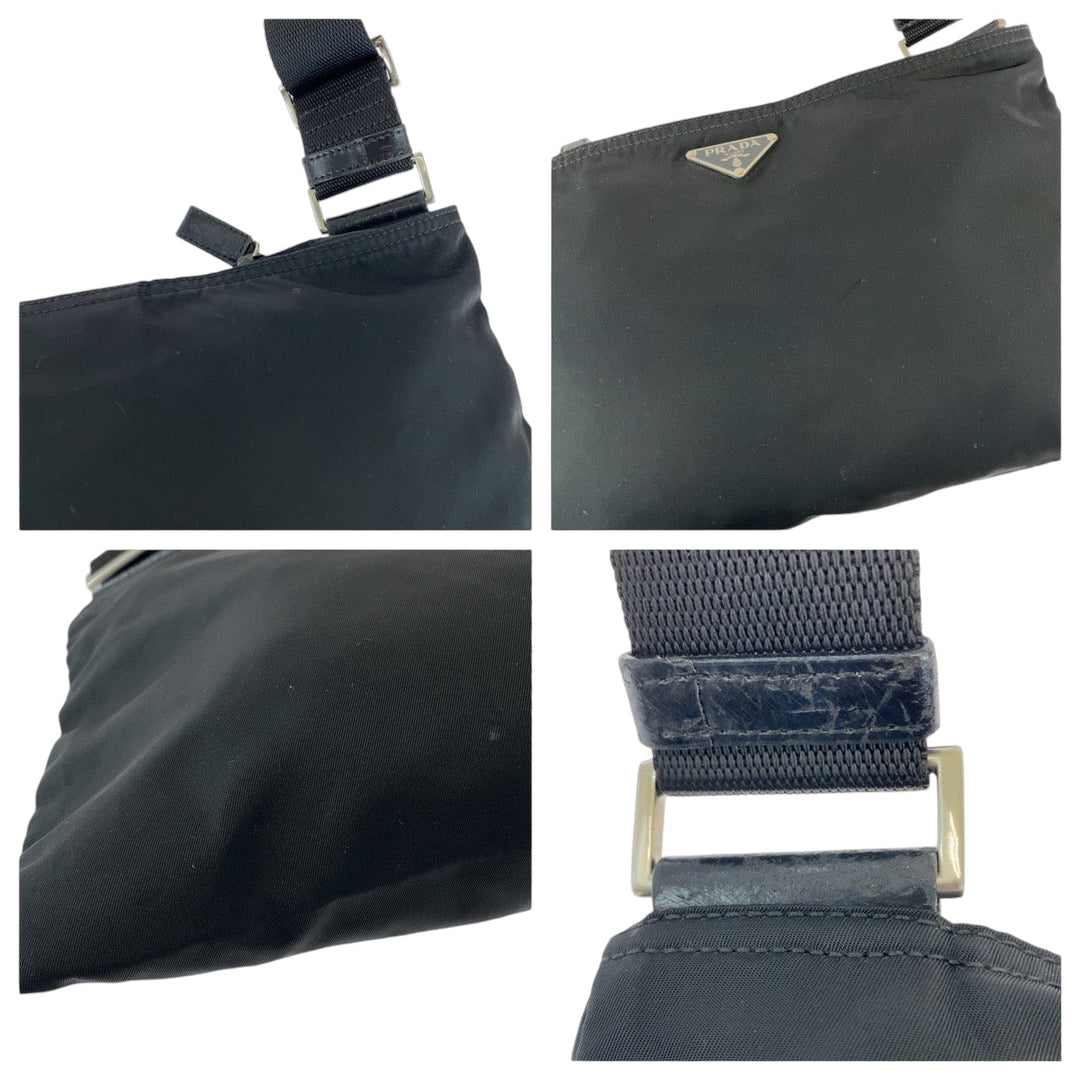 PRADA Shoulder Bag Nylon Black SilverMetal Shoulder Bag pochette Triangle With logo mens Used Authentic
