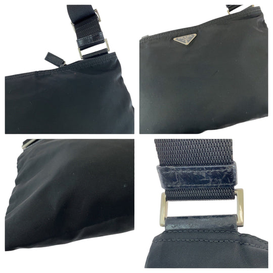 PRADA Shoulder Bag Nylon Black SilverMetal Shoulder Bag pochette Triangle With logo mens Used Authentic