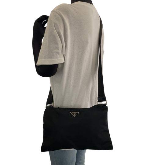 PRADA Shoulder Bag Nylon Black SilverMetal Shoulder Bag pochette Triangle With logo mens Used Authentic