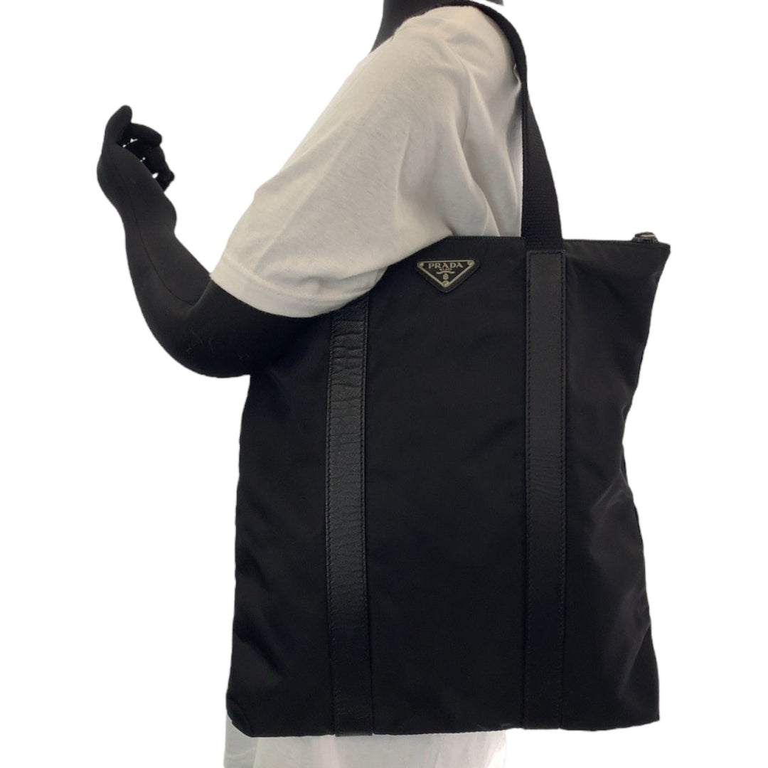 PRADA Tote Bag Nylon, Leather Black SilverMetal Tote Bag Shoulder Bag mens Used Authentic