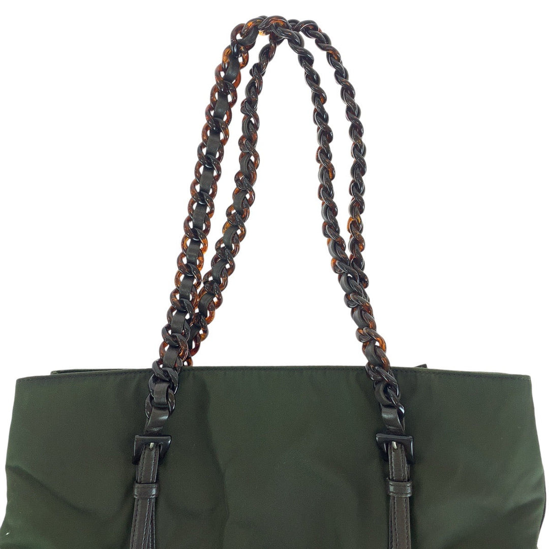 PRADA Tote Bag Nylon, Leather, Plastic Khaki Brown SilverMetal Tote Bag Shoulder Bag Test Triangle With logo Women Used Authentic