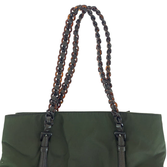 PRADA Tote Bag Nylon, Leather, Plastic Khaki Brown SilverMetal Tote Bag Shoulder Bag Test Triangle With logo Women Used Authentic