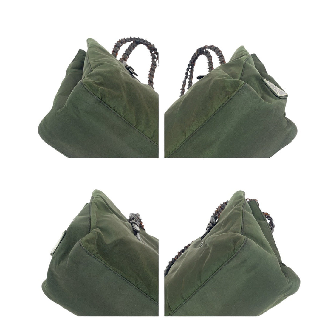 PRADA Tote Bag Nylon, Leather, Plastic Khaki Brown SilverMetal Tote Bag Shoulder Bag Test Triangle With logo Women Used Authentic