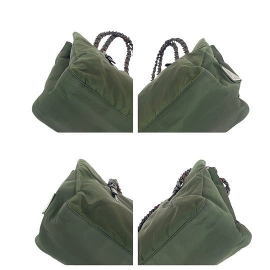 PRADA Tote Bag Nylon, Leather, Plastic Khaki Brown SilverMetal Tote Bag Shoulder Bag Test Triangle With logo Women Used Authentic