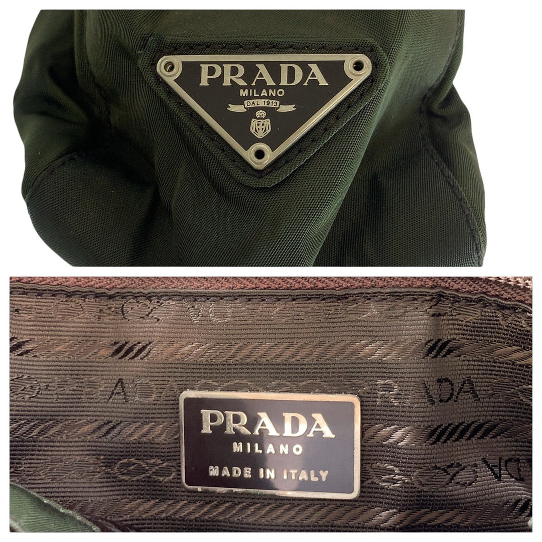 PRADA Tote Bag Nylon, Leather, Plastic Khaki Brown SilverMetal Tote Bag Shoulder Bag Test Triangle With logo Women Used Authentic