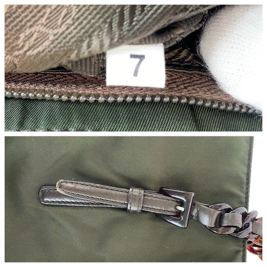 PRADA Tote Bag Nylon, Leather, Plastic Khaki Brown SilverMetal Tote Bag Shoulder Bag Test Triangle With logo Women Used Authentic