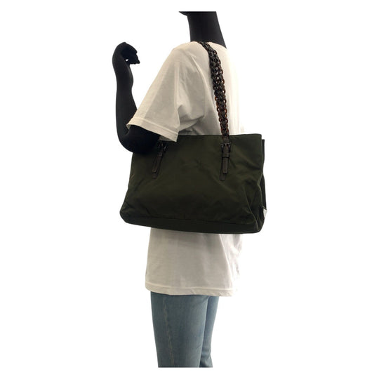 PRADA Tote Bag Nylon, Leather, Plastic Khaki Brown SilverMetal Tote Bag Shoulder Bag Test Triangle With logo Women Used Authentic