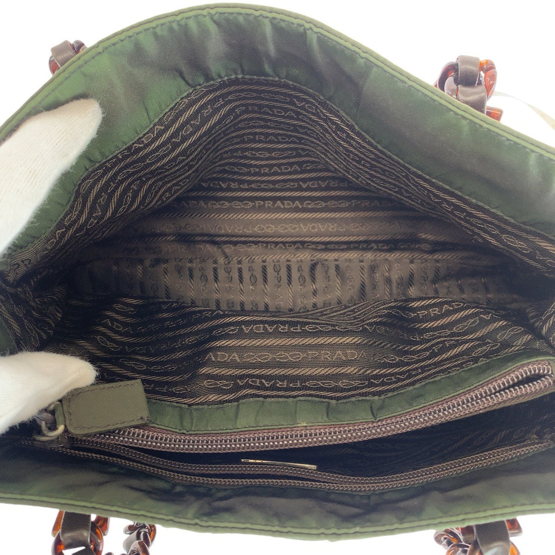 PRADA Tote Bag Nylon, Leather, Plastic Khaki Brown SilverMetal Tote Bag Shoulder Bag Test Triangle With logo Women Used Authentic