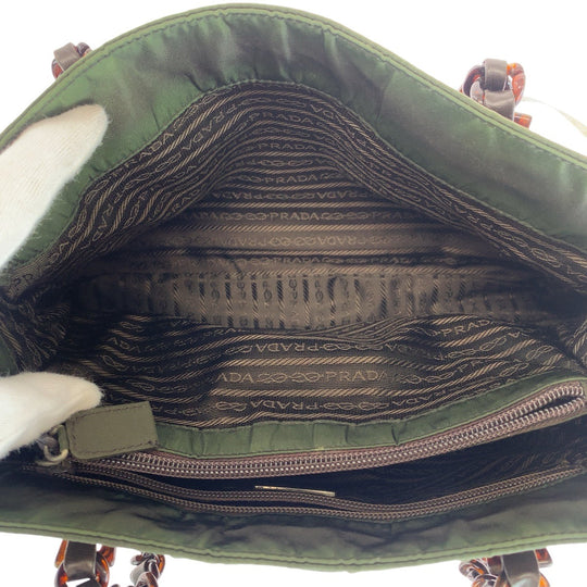 PRADA Tote Bag Nylon, Leather, Plastic Khaki Brown SilverMetal Tote Bag Shoulder Bag Test Triangle With logo Women Used Authentic