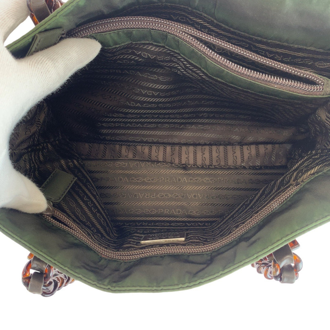 PRADA Tote Bag Nylon, Leather, Plastic Khaki Brown SilverMetal Tote Bag Shoulder Bag Test Triangle With logo Women Used Authentic