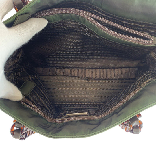 PRADA Tote Bag Nylon, Leather, Plastic Khaki Brown SilverMetal Tote Bag Shoulder Bag Test Triangle With logo Women Used Authentic