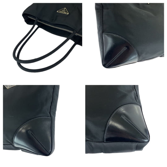PRADA Tote Bag Nylon Black SilverMetal Tote Bag Shoulder Bag Triangle With logo Women Used Authentic