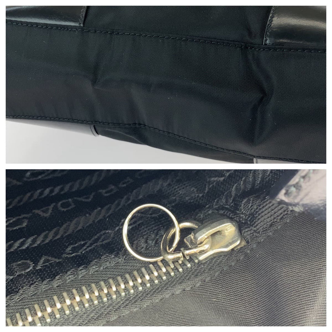 PRADA Tote Bag Nylon Black SilverMetal Tote Bag Shoulder Bag Triangle With logo Women Used Authentic