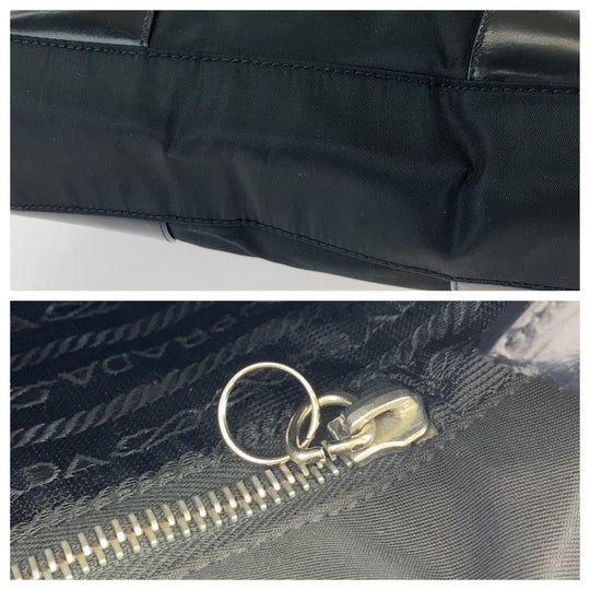 PRADA Tote Bag Nylon Black SilverMetal Tote Bag Shoulder Bag Triangle With logo Women Used Authentic