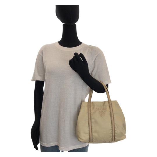 PRADA Tote Bag Nylon beige Tote Bag handbag Tessuto embroidery Women Used Authentic
