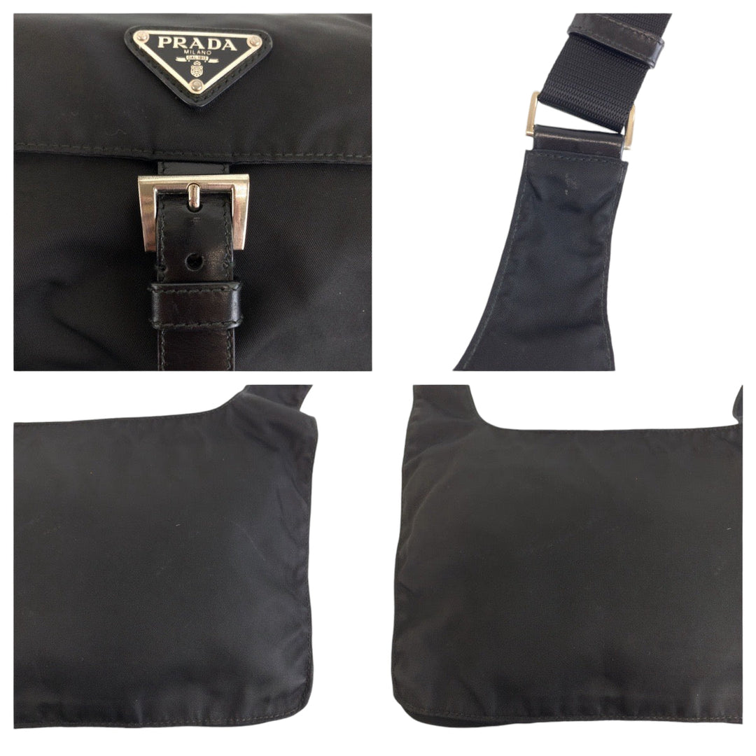 PRADA Shoulder Bag Nylon Black Silver Metal Shoulder Bag Sling bag Messenger bag Triangle With logo mens Used Authentic
