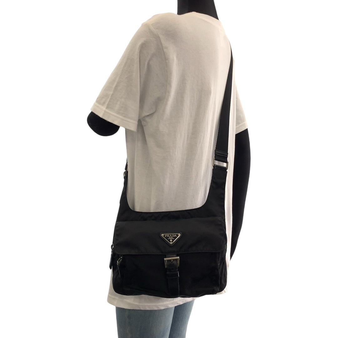 PRADA Shoulder Bag Nylon Black Silver Metal Shoulder Bag Sling bag Messenger bag Triangle With logo mens Used Authentic