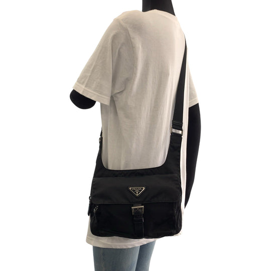 PRADA Shoulder Bag Nylon Black Silver Metal Shoulder Bag Sling bag Messenger bag Triangle With logo mens Used Authentic