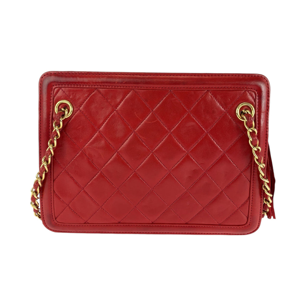 CHANEL Shoulder Bag lambskin Red Gold Metal ChainShoulder Bag Shoulder Matrasse COCO Mark Fringe Women Used Authentic