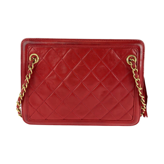 CHANEL Shoulder Bag lambskin Red Gold Metal ChainShoulder Bag Shoulder Matrasse COCO Mark Fringe Women Used Authentic
