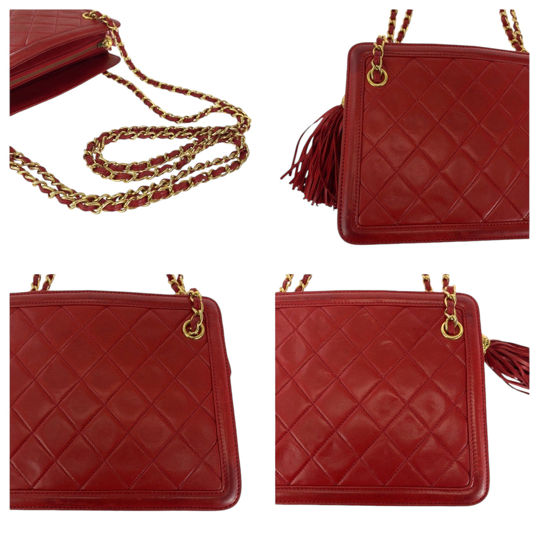 CHANEL Shoulder Bag lambskin Red Gold Metal ChainShoulder Bag Shoulder Matrasse COCO Mark Fringe Women Used Authentic