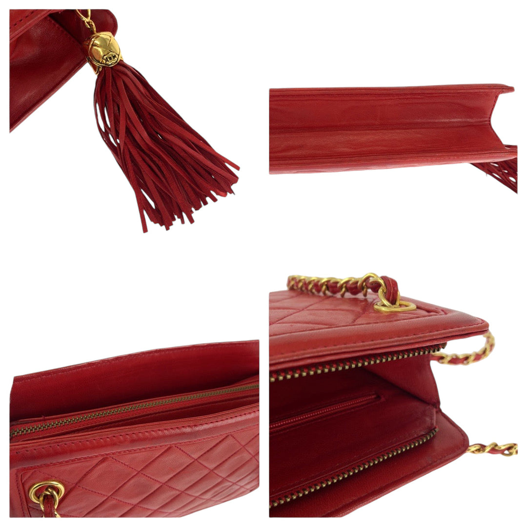 CHANEL Shoulder Bag lambskin Red Gold Metal ChainShoulder Bag Shoulder Matrasse COCO Mark Fringe Women Used Authentic