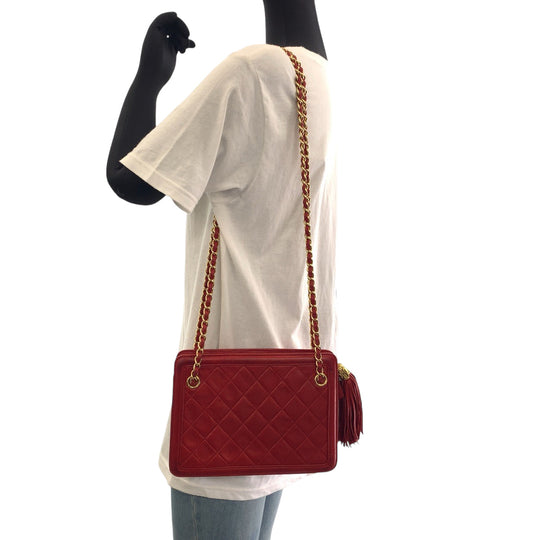 CHANEL Shoulder Bag lambskin Red Gold Metal ChainShoulder Bag Shoulder Matrasse COCO Mark Fringe Women Used Authentic