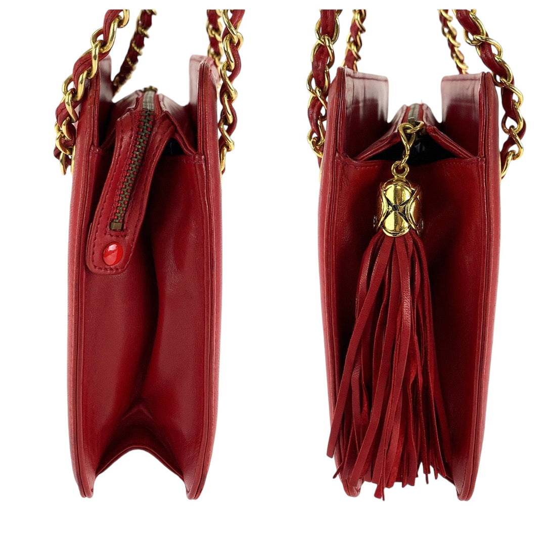 CHANEL Shoulder Bag lambskin Red Gold Metal ChainShoulder Bag Shoulder Matrasse COCO Mark Fringe Women Used Authentic