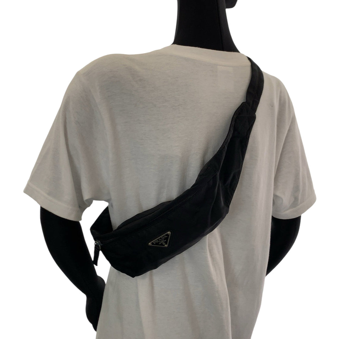 PRADA Sling bag Nylon Black SilverMetal Sling bag Bum bag mens Used Authentic