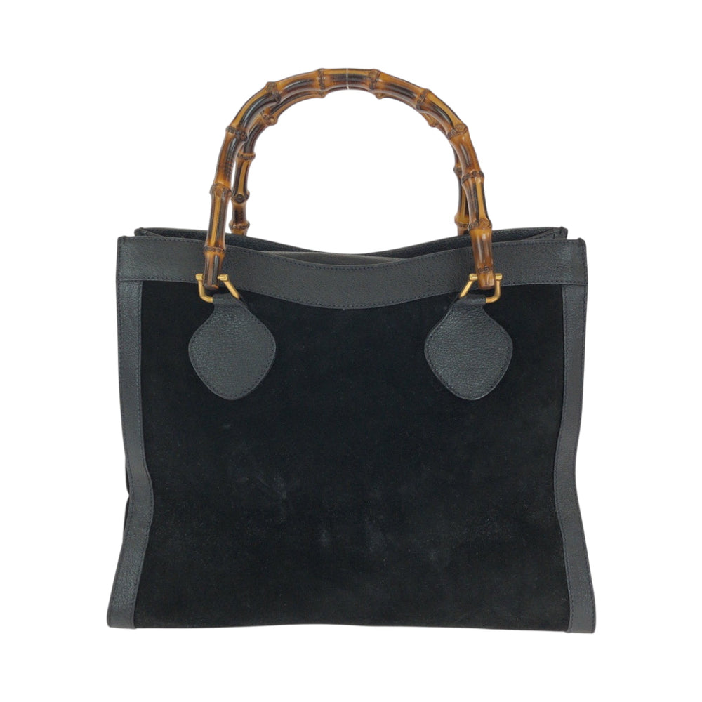 GUCCI Tote Bag 002 1186 0260 Suede Black Brown Gold Metal Tote Bag handbag Bamboo Diana Women Used Authentic